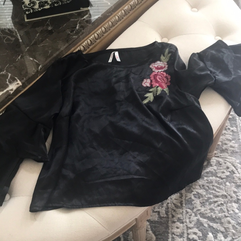 Black Floral Embroidered Satin Women’s Top